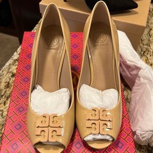 Tory burch wedge beige patent worn once! Comes in original box with shoe bag.